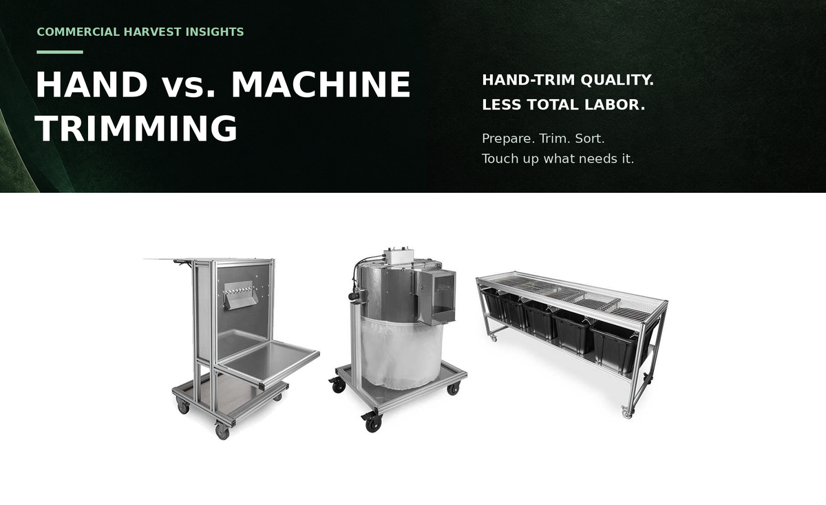 . Best Commercial Trimmer Best commercial cannabis trimmer article graphic featuring the EZ Trim Satellite and the message Quality, Throughput, Total Labor.