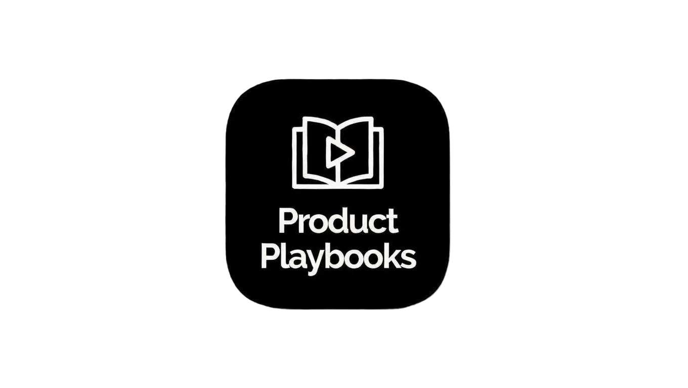 Black square icon with 'Product Playbooks' text and a book and play button symbol on a white background